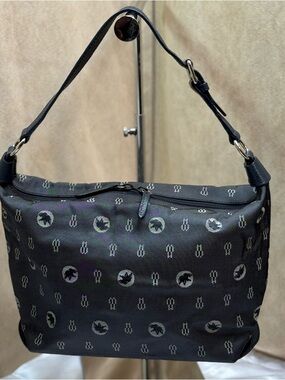 Hunting World Black Monogram Shoulder Bag Leather Trim USA Vintage Zip Hobo
